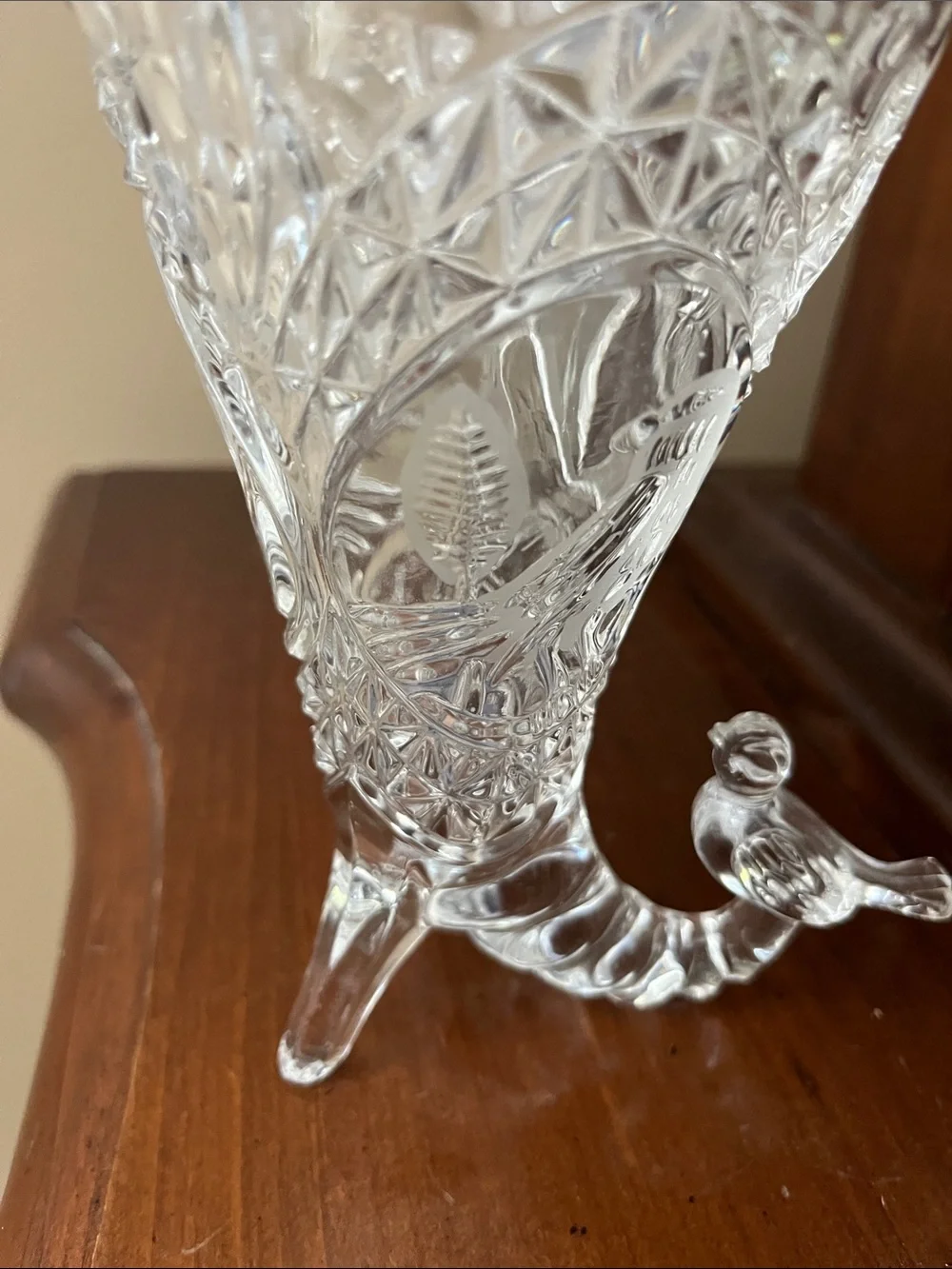Clear Glass Cornucopia Vase with Bird Accent